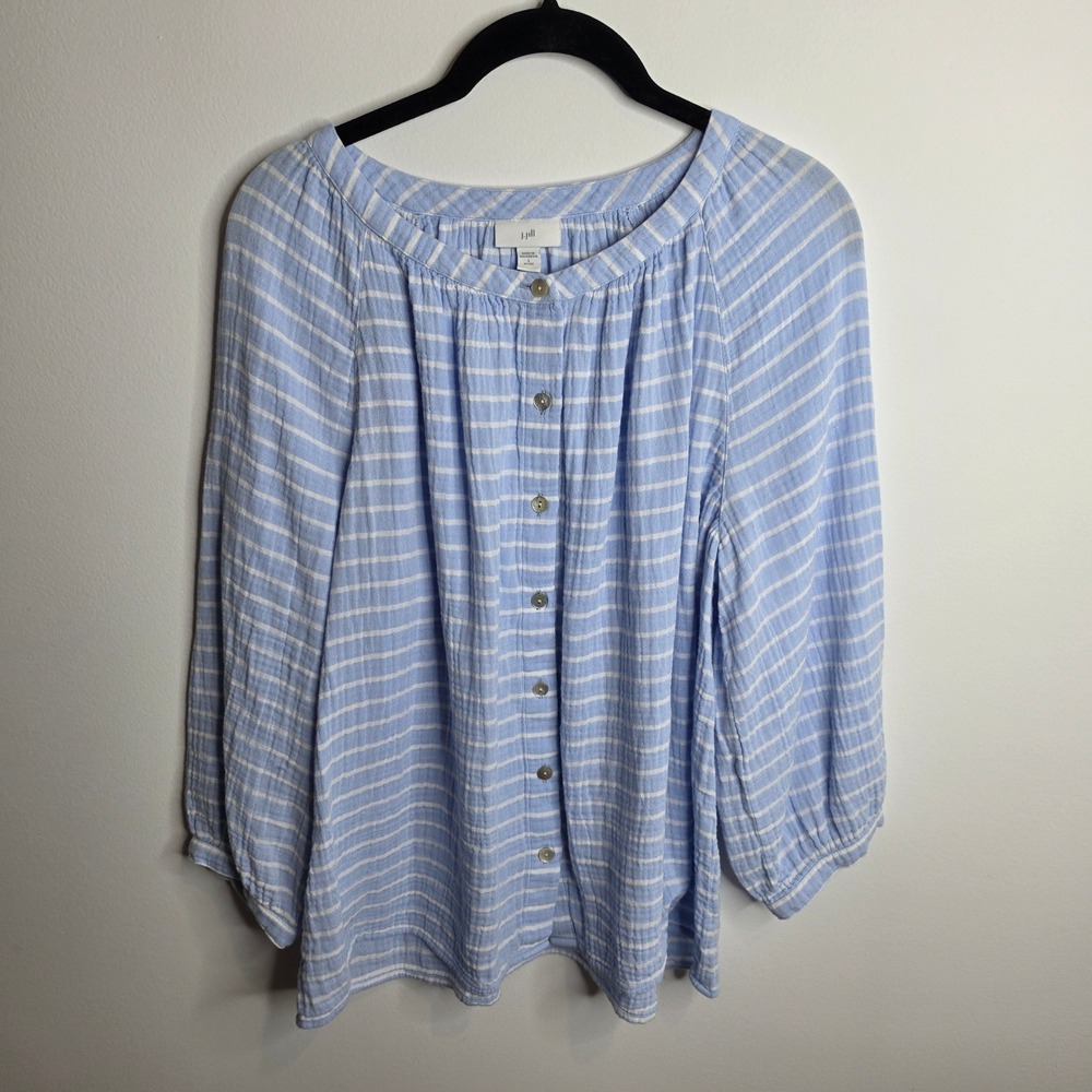 J. Jill Striped Gauze Button Down Blouse Womens Large Petite Blue White